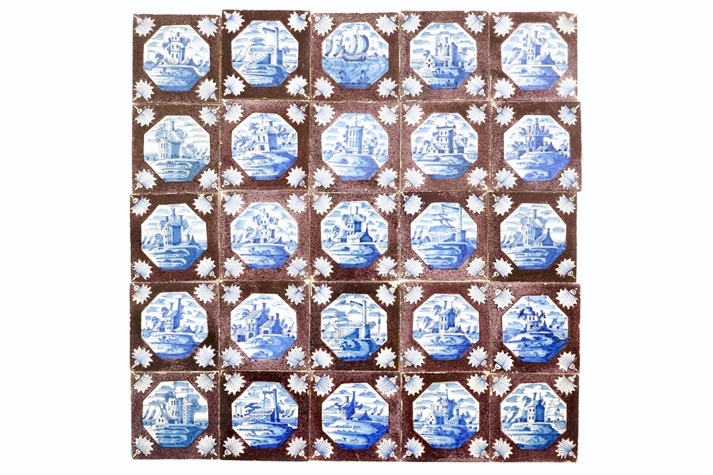 A field of 25 Dutch Delft blue and white on manganese ground tiles, 18th C.