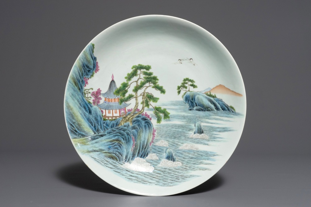 A large Chinese famille rose landscape dish, Qianlong mark, Republic, 20th C.