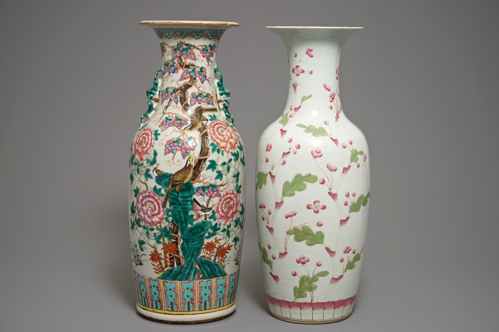 Two large Chinese famille rose vases with birds and flowers, 19th C.