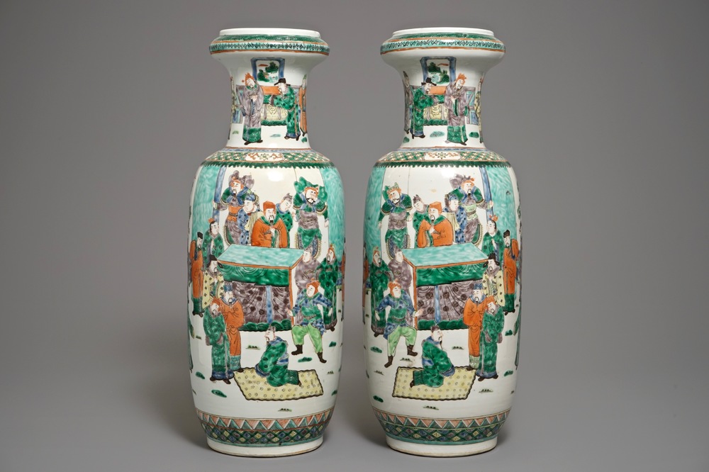 A pair of large Chinese famille verte figural rouleau vases, 19th C.