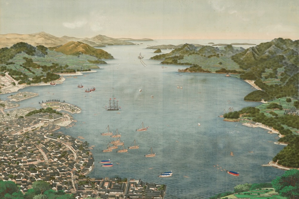 Keiga Kawahara (Japan, 1786-1860), &ldquo;Zicht op de haven van Deshima&rdquo;, gouache op zijde