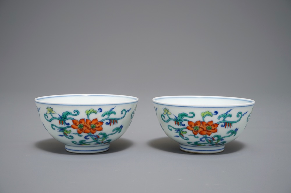 A pair of Chinese doucai bowls, Daoguang mark, 20th C.