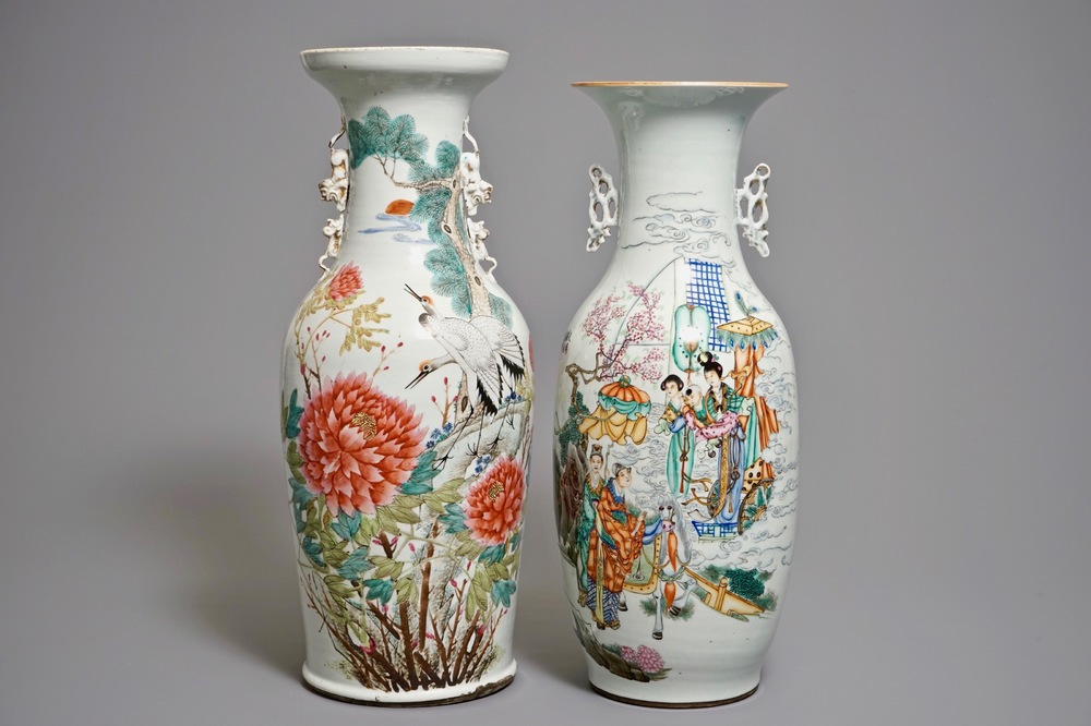 Two large Chinese qianjiang cai and famille rose vases, 19/20th C.