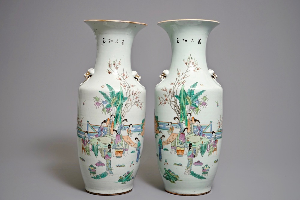 A pair of Chinese famille rose vases with ladies in a garden, 19/20th C.