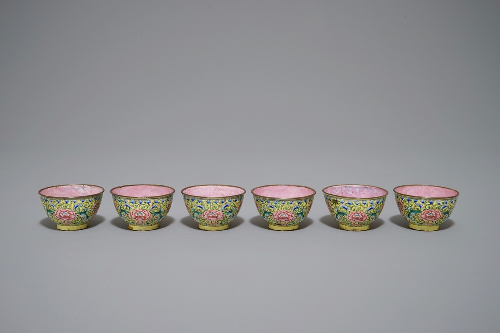 Six Chinese Canton enamel yellow-ground tea bowls, 18/19th C.