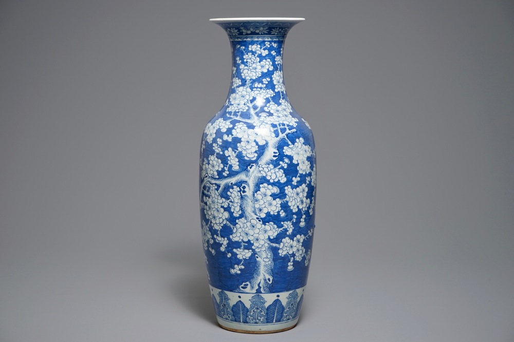 A Chinese blue and white vase with prunus on cracked ice, 19th C.