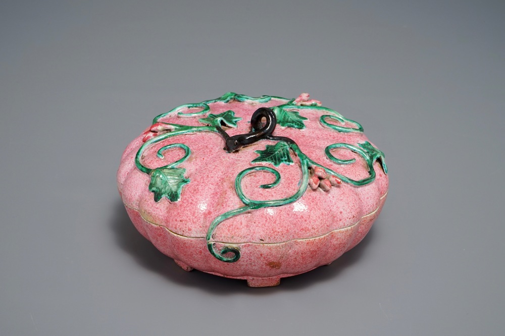 A Chinese famille rose pumpkin-shaped box and cover, early 19th C.