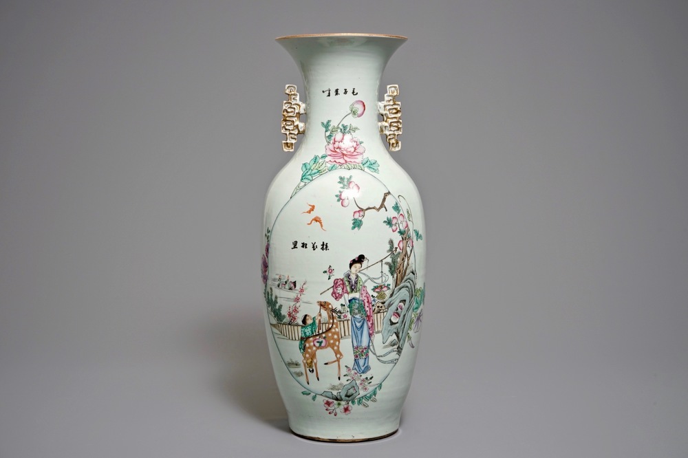 A Chinese famille rose vase with the immortal Magu with a deer, 19/20th C.