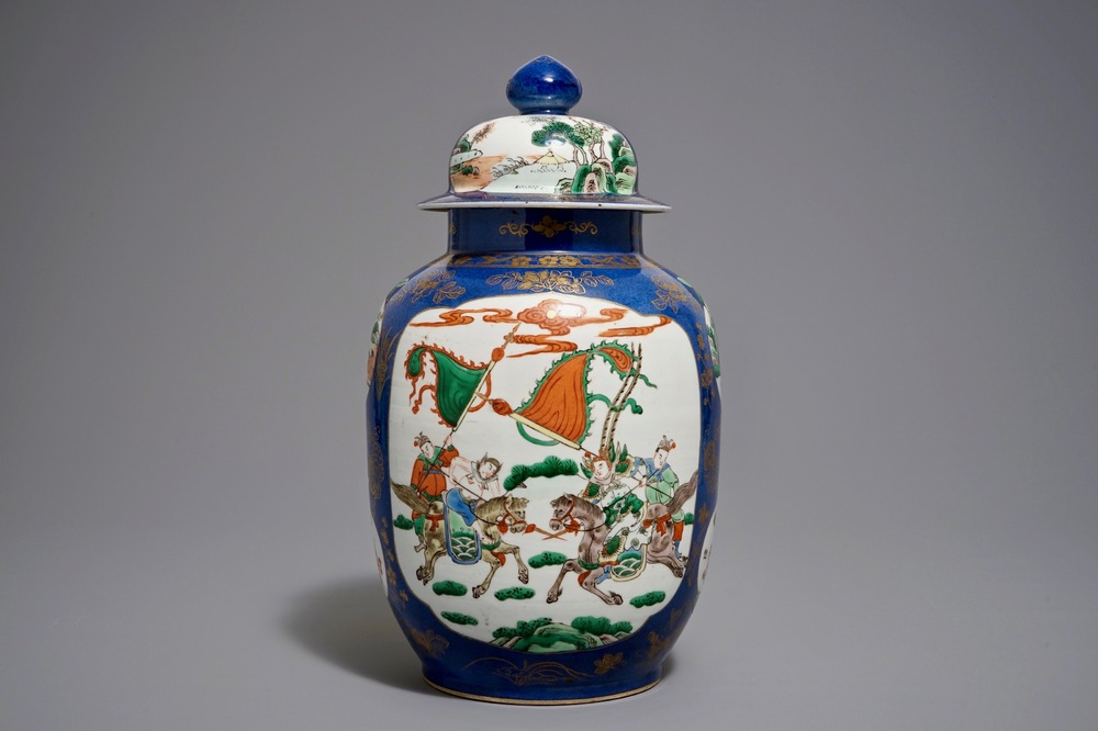 A Chinese famille verte on powder blue ground vase and cover, 19th C.