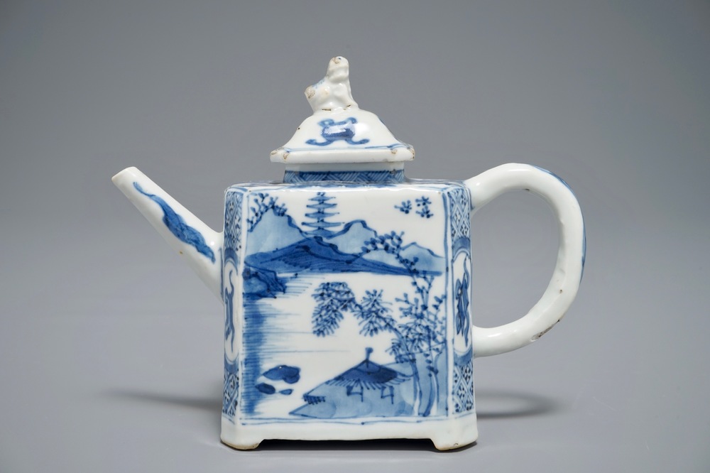 A Chinese blue and white rectangular teapot with landscape design, Kangxi