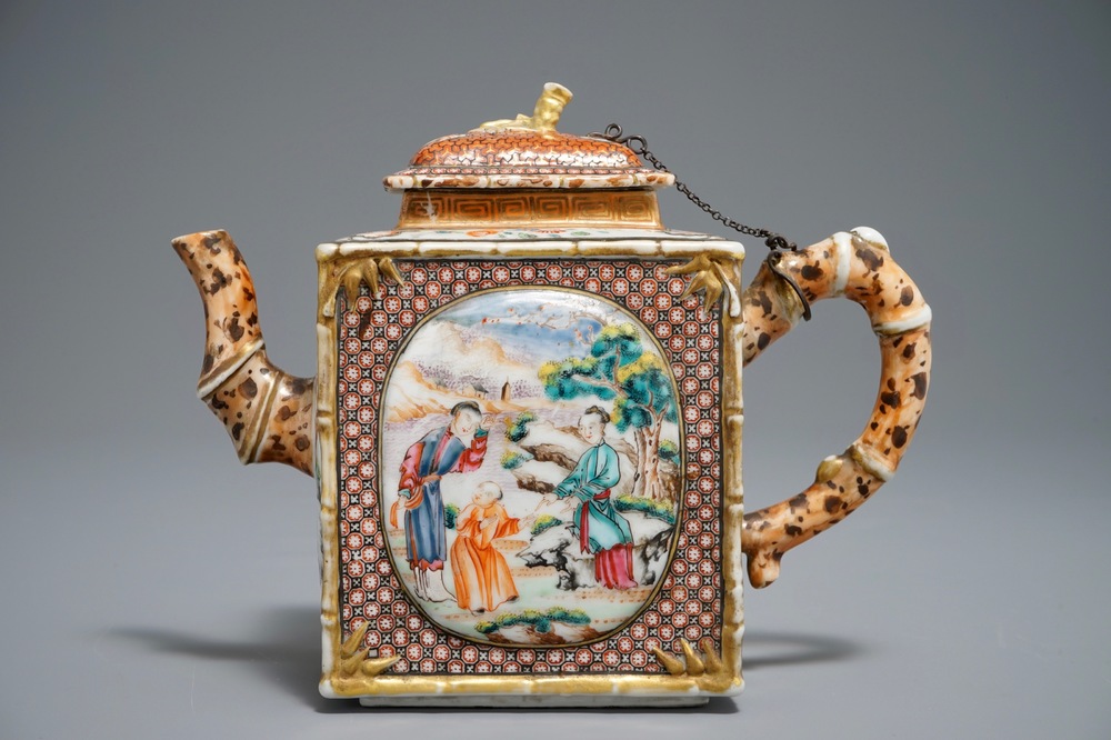 A rare Chinese famille rose rectangular 'Mandarin' teapot and cover, Qianlong