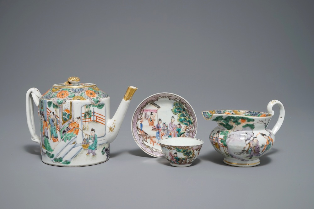 A Chinese famille verte teapot and milk jug, 19th C., and a famille rose cup and saucer, Qianlong