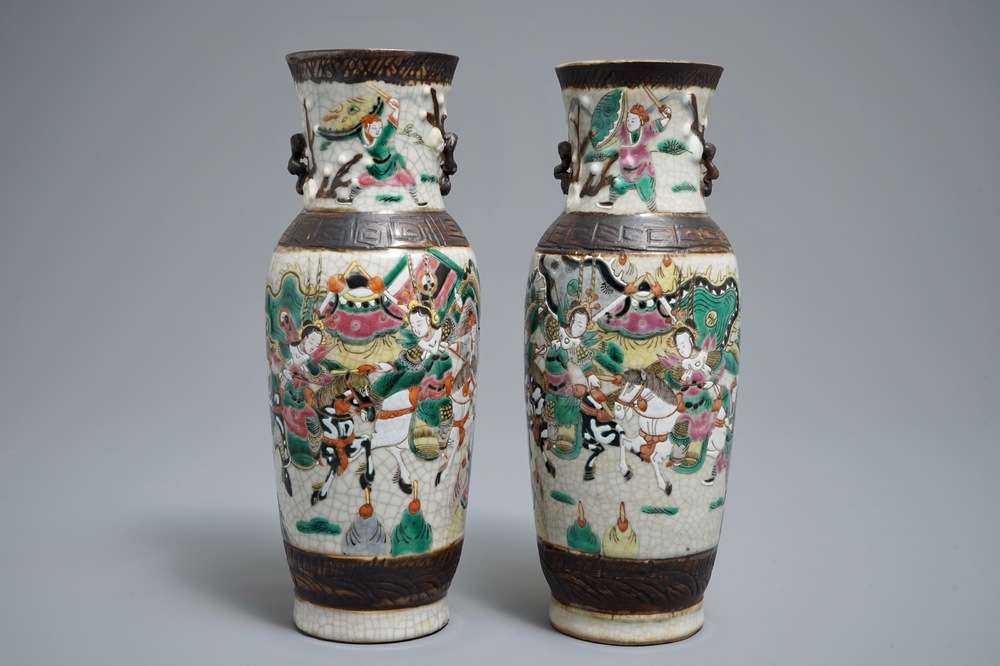 A pair of Chinese Nanking famille rose crackle-glazed vases, 19th C.