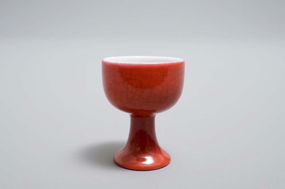 A Chinese miniature puce-enamelled stem cup, Yongzheng mark, 19/20th C.