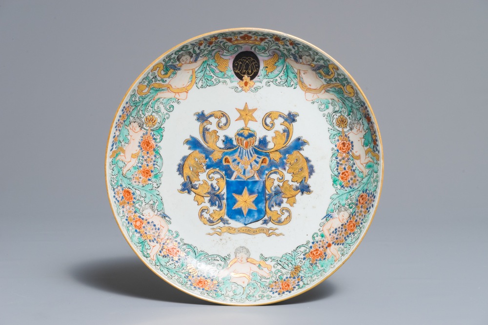 A Chinese Dutch market armorial plate with the arms of Langerak, dated 1744, Qianlong