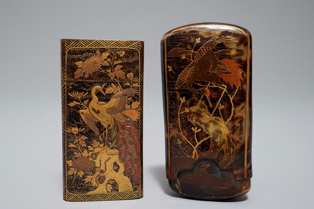 Two Japanese gilt-lacquered tortoise shell and horn spectacle cases, Meiji, 19th C.