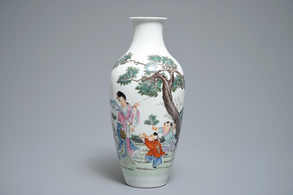 A Chinese famille rose vase with a garden scene, Republic, 20th C.