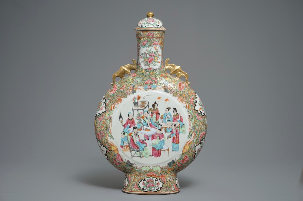 A large Chinese Canton famille rose moonflask and cover, 19th C.