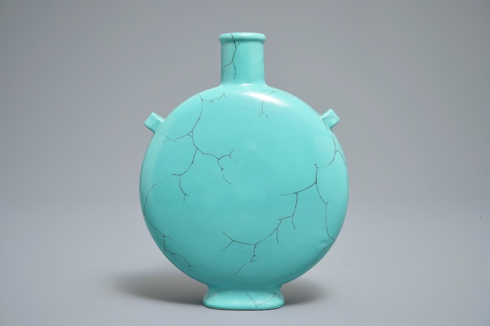 A Chinese faux turquoise moonflask, Qianlong mark, 20th C.