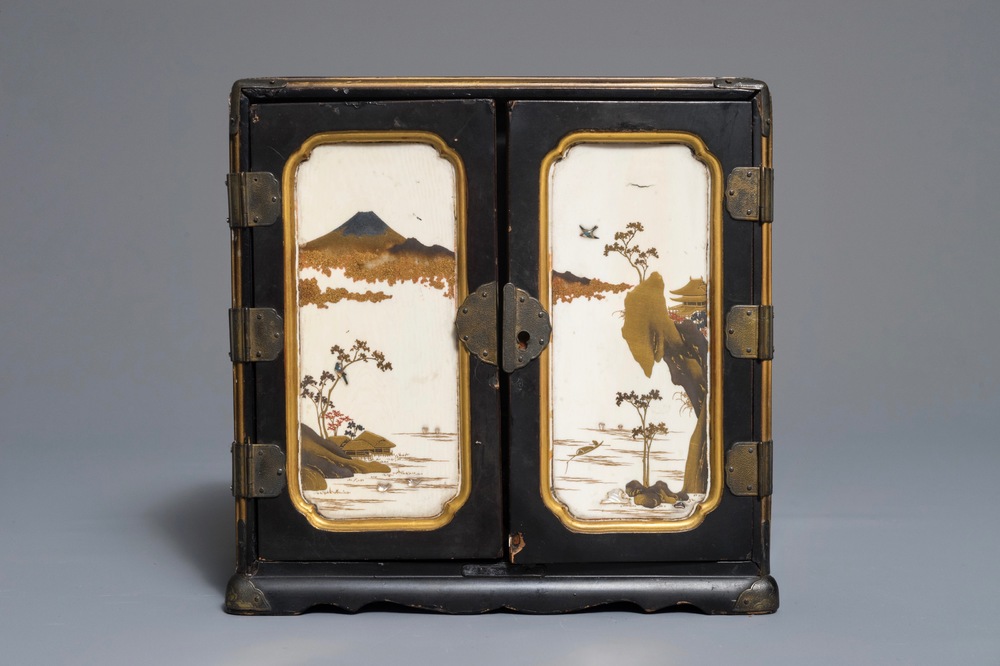 A small Japanese gilt-lacquered and Shibayama ivory cabinet, Meiji, 19th C.