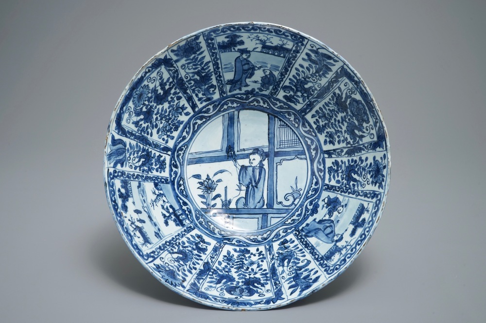 A large Chinese blue and white kraak porcelain bowl with figurative panels, Wanli