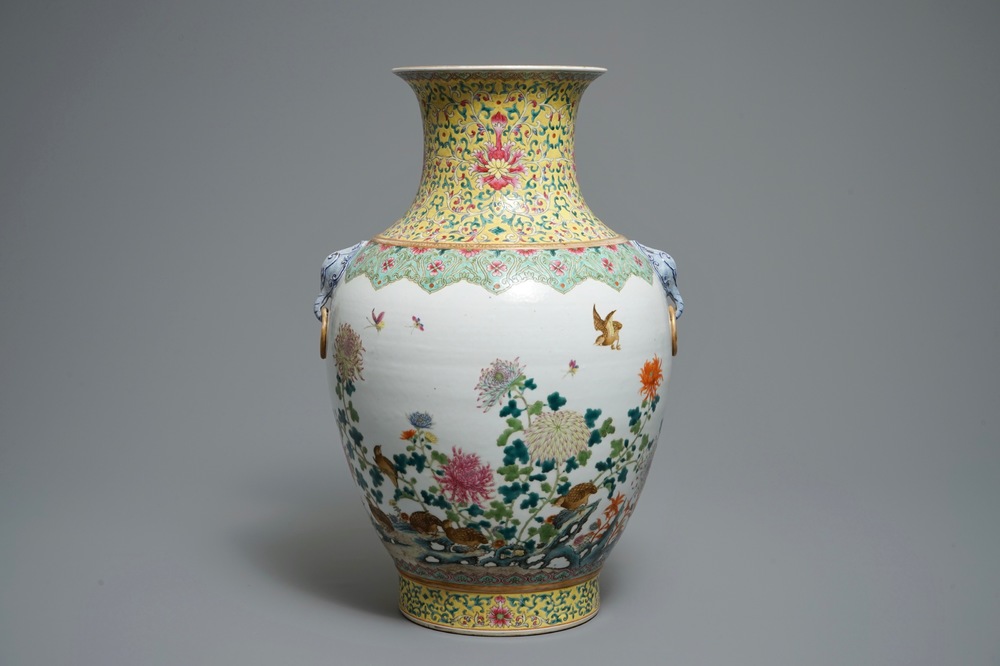 A Chinese famille rose hu vase with quails, Jiaqing mark, 19/20th C.