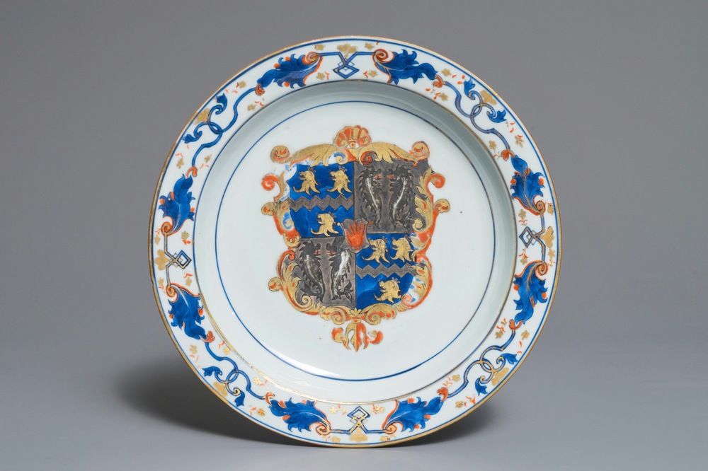 A Chinese Imari-style armorial dish, Kangxi