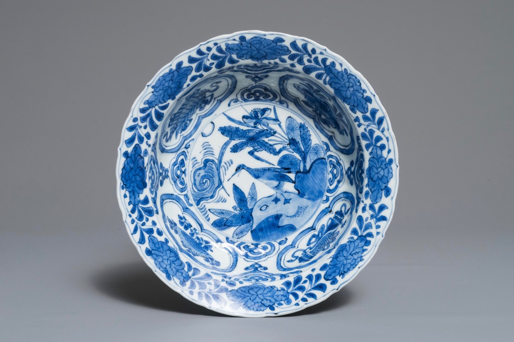 A Chinese blue and white klapmuts bowl with a duck, Wanli