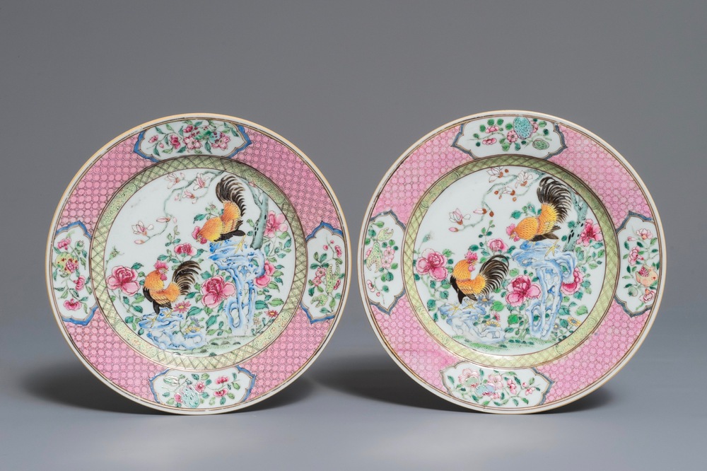 A pair of fine Chinese famille rose rooster plates, Yongzheng