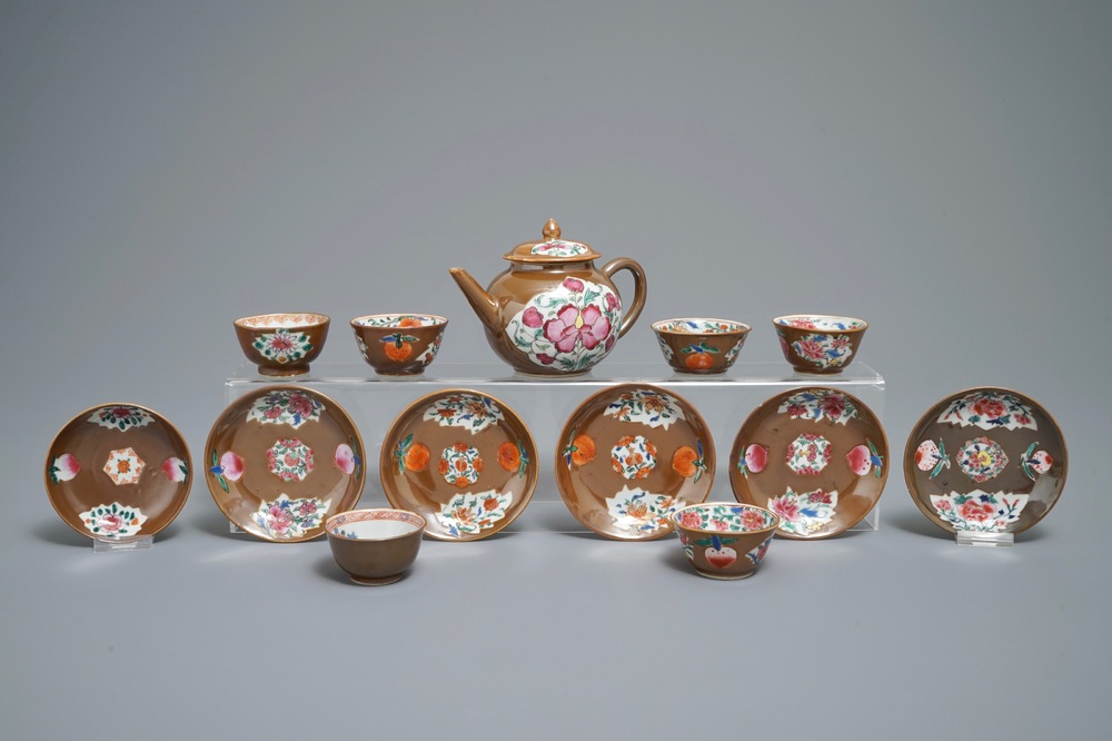 A Chinese famille rose capucin-ground teapot and six cups and saucers, Qianlong