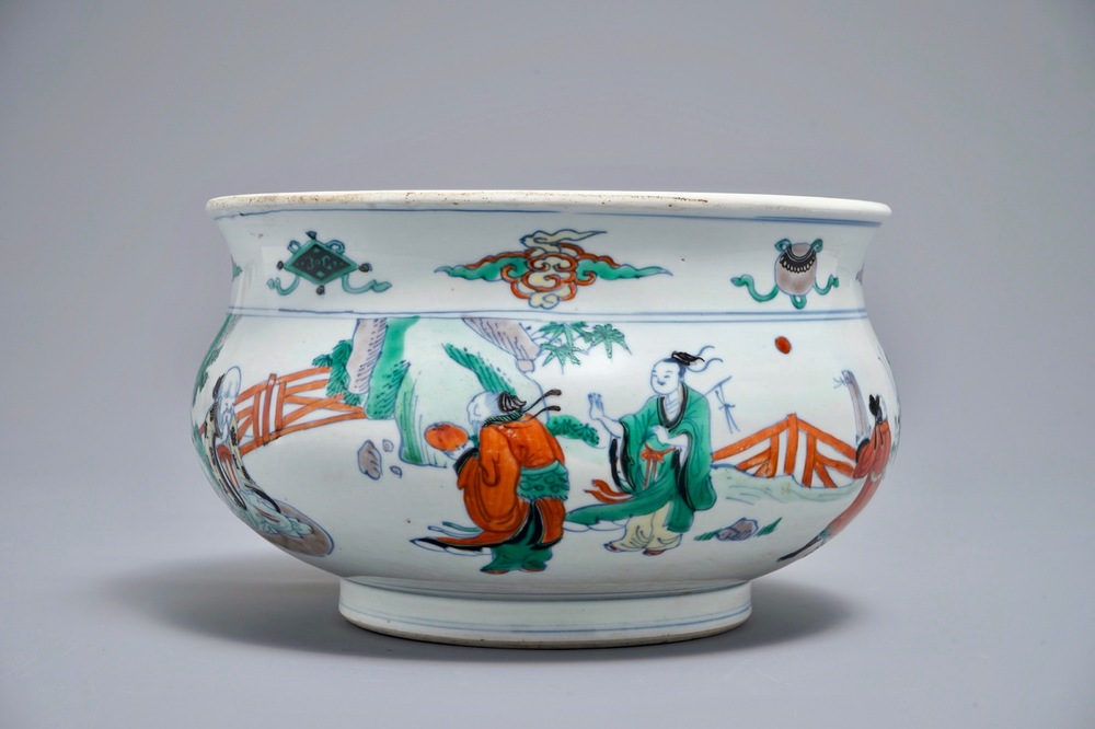 A Chinese doucai censer with figures in a landscape, Chenghua mark, Kangxi