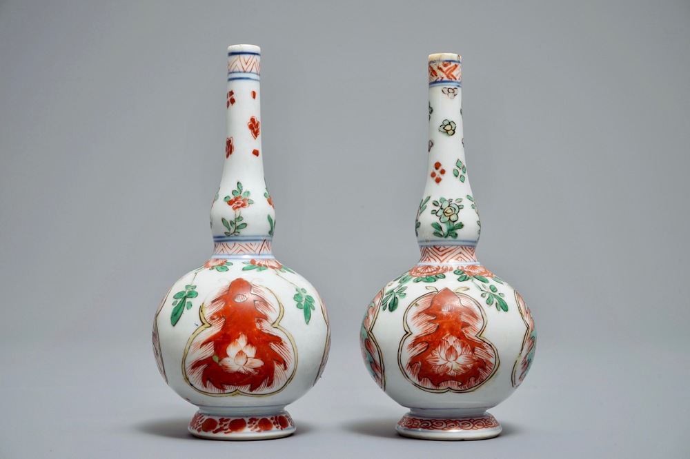 A pair of Chinese famille verte rosewater sprinklers, Kangxi