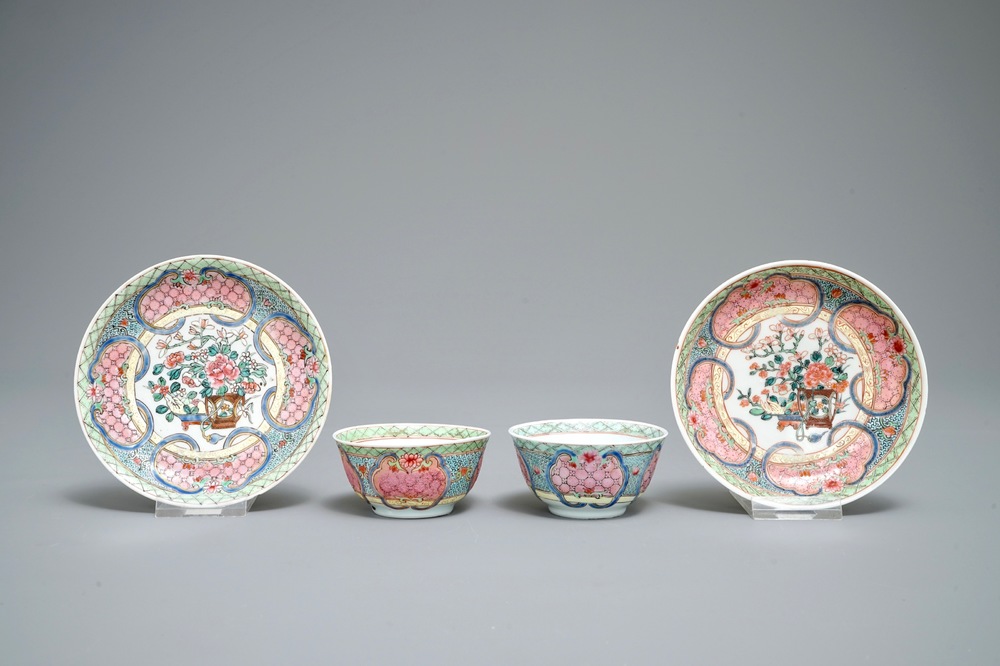 A pair of Chinese famille rose eggshell cups and saucers with overglaze floral design, Yongzheng