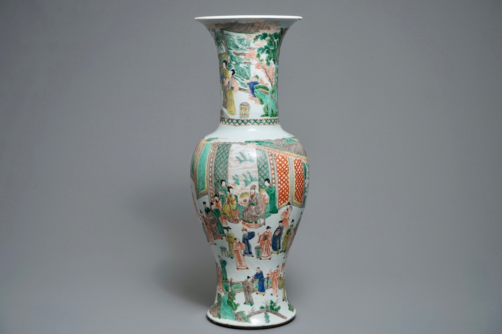 A large Chinese famille verte phoenix-tail vase with figurative design around, Kangxi