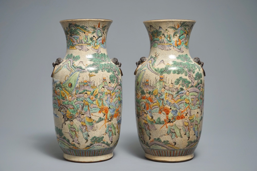 A pair of Chinese Nanking famille verte crackle-glazed vases, 19th C.