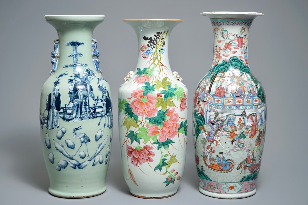 Three tall Chinese famille rose and celadon-ground vases, 19/20th C.