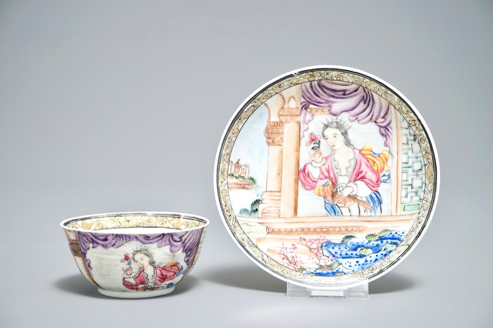 Deux soucoupes et une tasse en porcelaine de Chine famille rose &agrave; d&eacute;cor d'une femme et son chien, Yongzheng