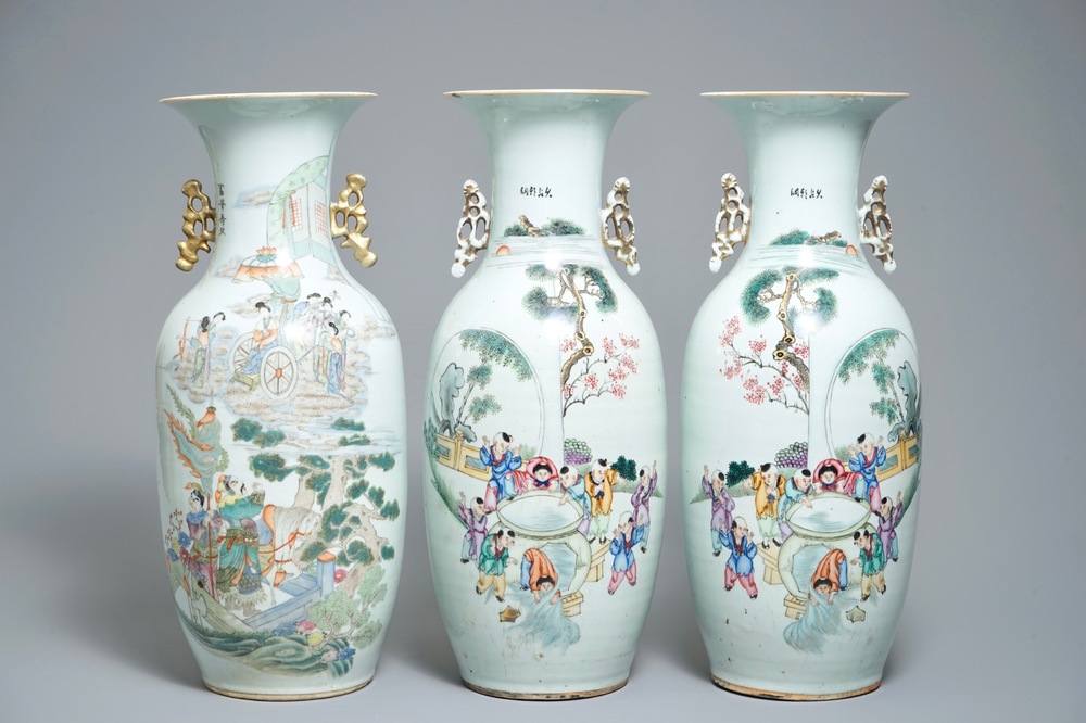 A pair of Chinese famille rose vases and one other example, 19/20th C.