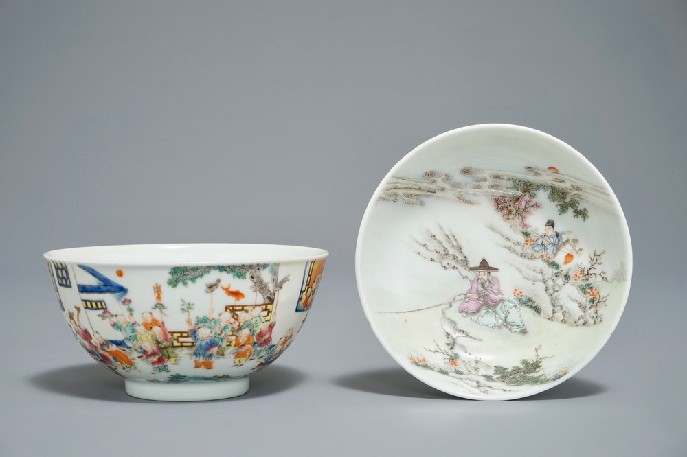 A Chinese famille rose bowl, Jiaqing mark, and a famille rose saucer, 19/20th C.