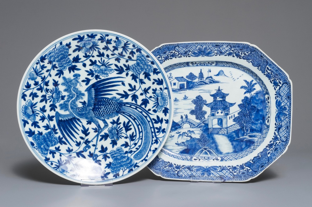 A Chinese blue and white 'phoenix' dish and an oval landscape dish, 19th C. and Qianlong