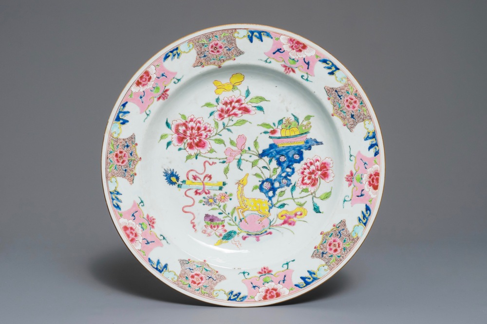 A Chinese famille rose dish with a deer among blossoms, Yongzheng/Qianlong