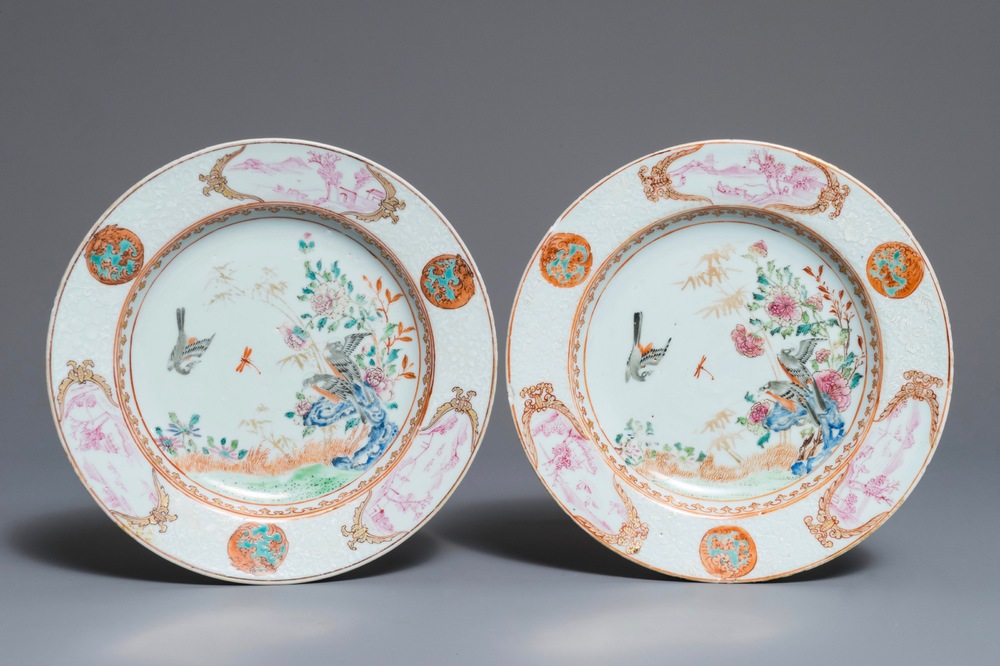 A pair of Chinese famille rose bianco sopra bianco plates, Yongzheng/Qianlong