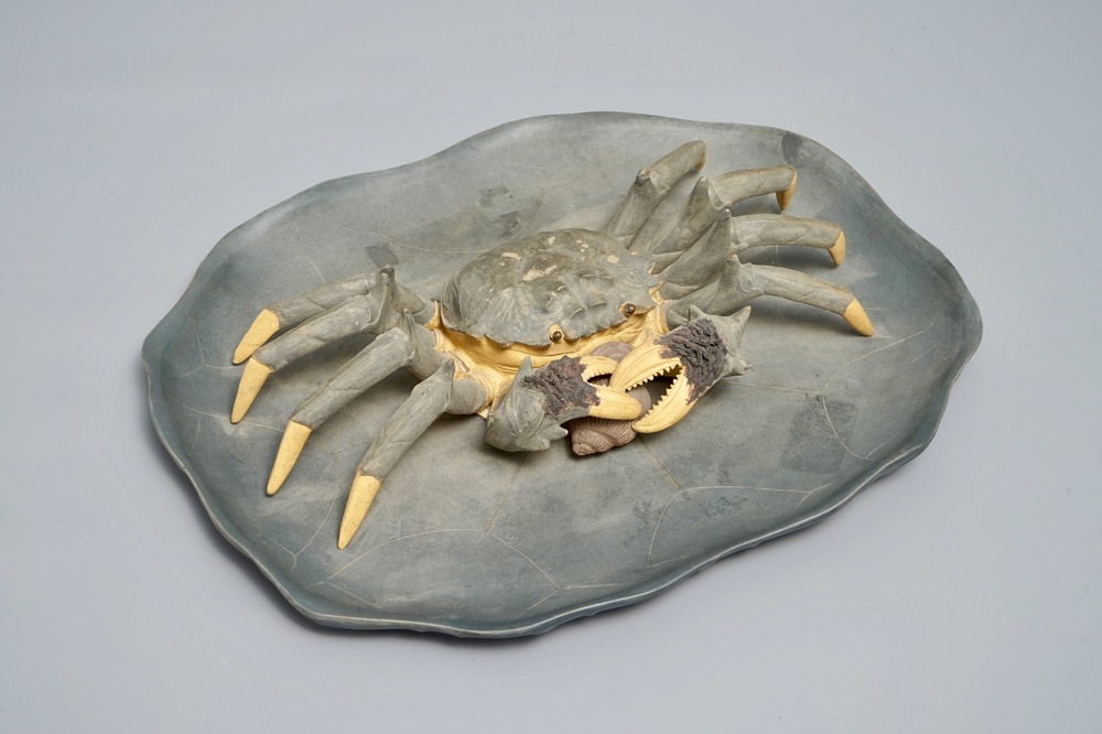 A Chinese Yixing stoneware crab on lotus-shaped dish, 20th C.