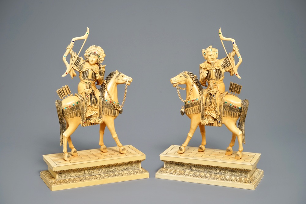 A pair of large Chinese inlaid ivory models of warriors on horseback, 19th C.