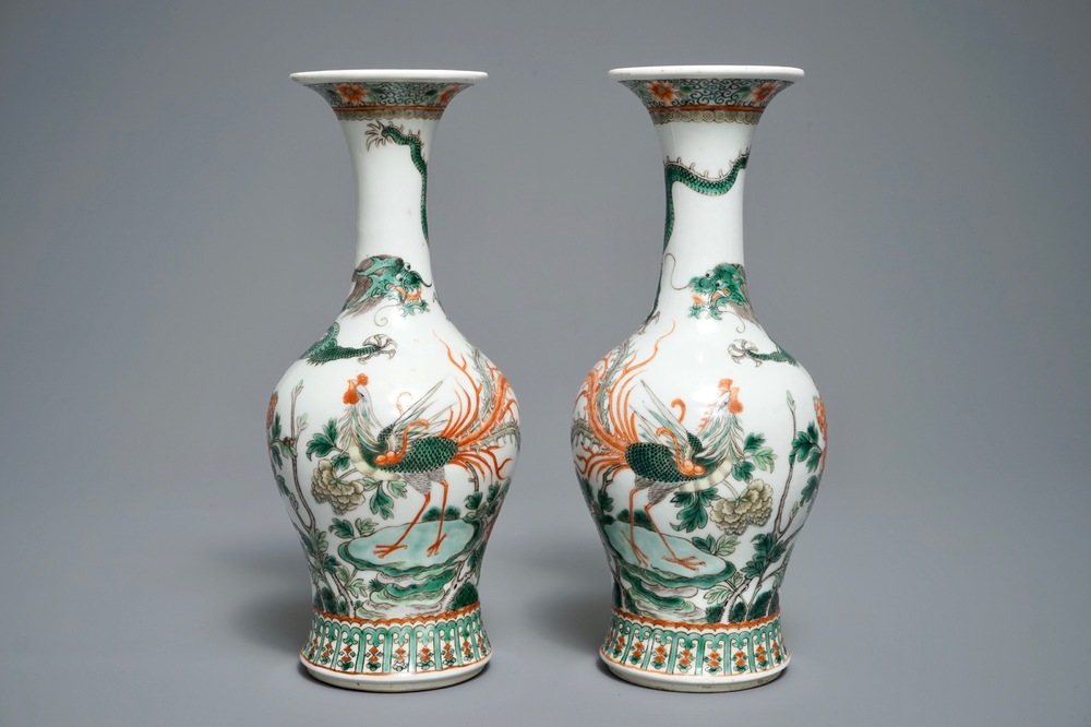 A pair of Chinese famille verte 'dragon and phoenix' vases, Kangxi mark, 19th C.