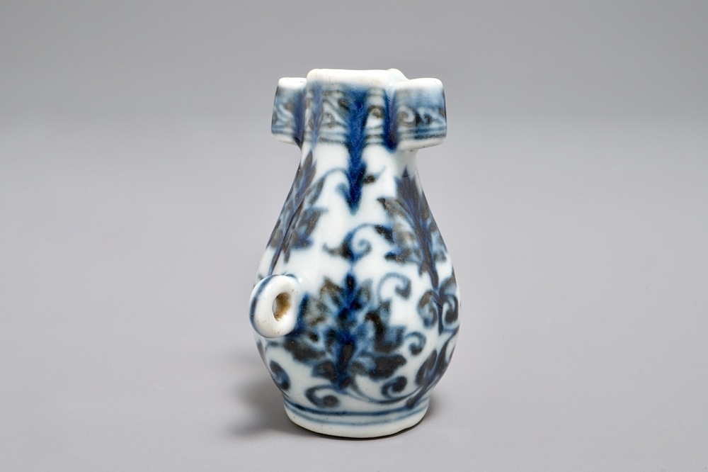 A Chinese blue and white birdfeeder shaped as an arrow vase, Xuande mark, Ming or later