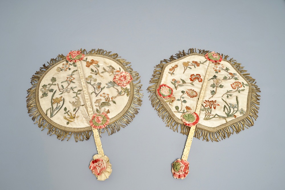 Two Chinese ivory-handled fans with embroidered silk and painted paper, Canton, 19th C.