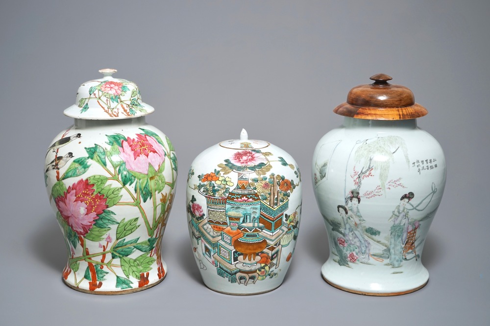 Three Chinese famille rose and qianjiang cai vases, 19/20th C.