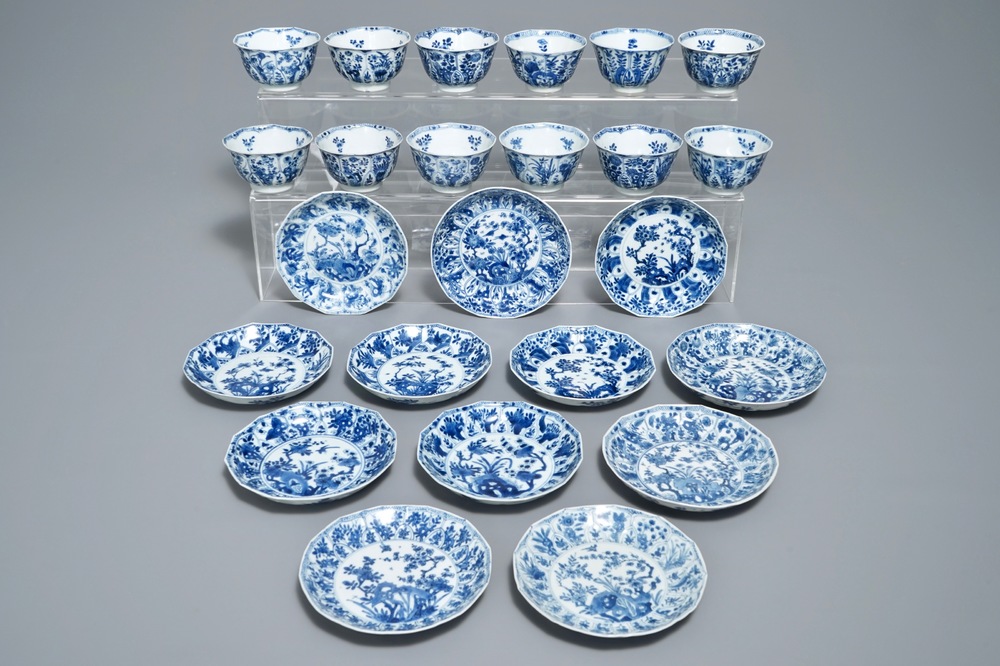 Twelve Chinese blue and white cups and saucers with floral design, Kangxi