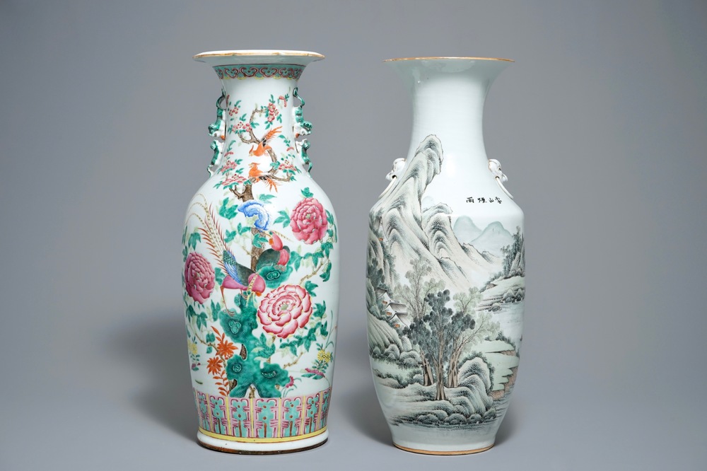 Two Chinese famille rose and qianjiang cai vases, 19/20th C.